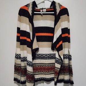 Confess Striped Open Front Cardigan With Hood